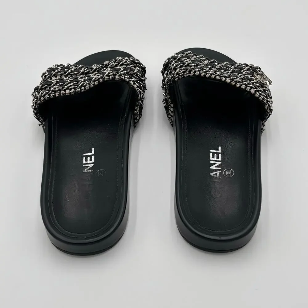 Chanel CC Chain Slide Sandals Flat Canvas Slip On Shoes Black Tweed Size 38